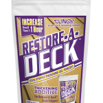 Restore-A-Deck Thickening Gel Additive packaging, designed to enhance deck stain application, featuring bold text and a vibrant color scheme.