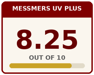 messmers-uv-plus-ratings | DeckStainHelp Badge titled MESSMERS UV PLUS showing a score of 8.25 out of 10 with a gold progress bar diminishing to gray.